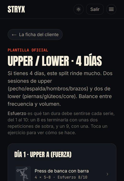 Una rutina abierta en el teléfono: Día 1 Upper A, con press de banca y remo, sus series, repeticiones y la intensidad del 1 al 10.